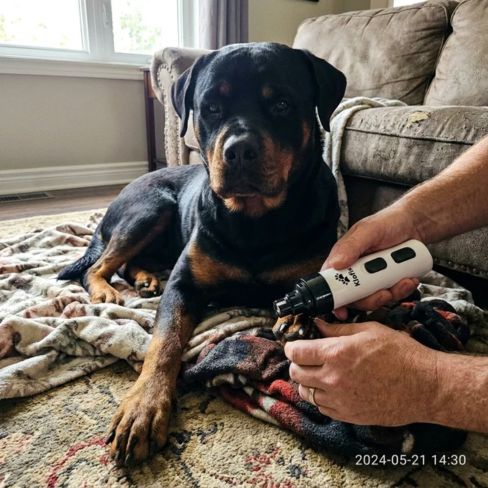 Rottweiler som får trimmet klørne